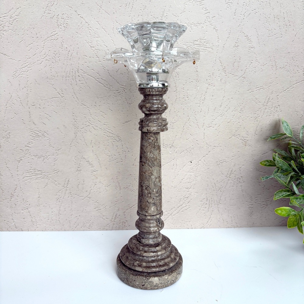 Vintage Grey Marble‎ Candlestick Holder with Scalloped Glass Bobeche 12.5 Inch